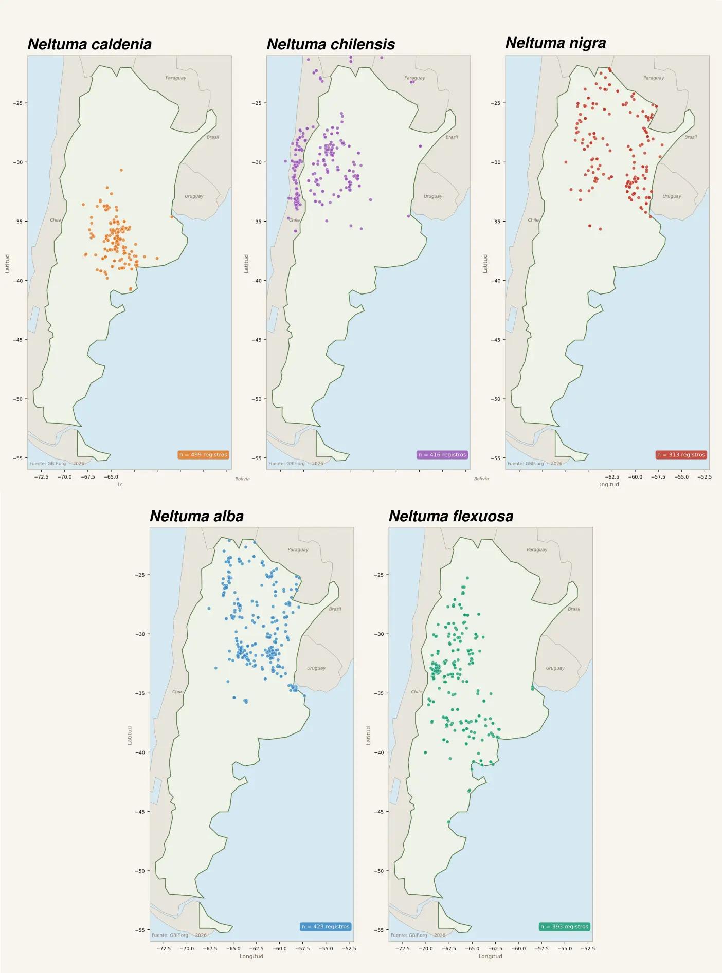Mapa de la distribución de las especies de Neltuma en Argentina